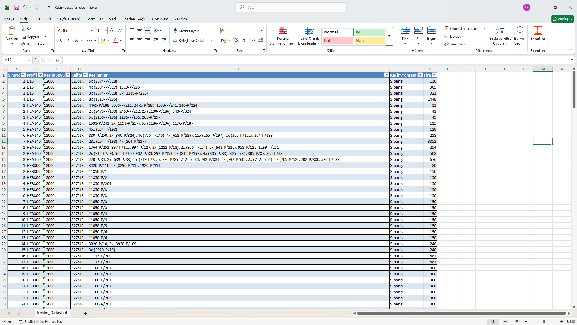 SCOP Excel Detaylı Kesim ve Sipariş Raporu
